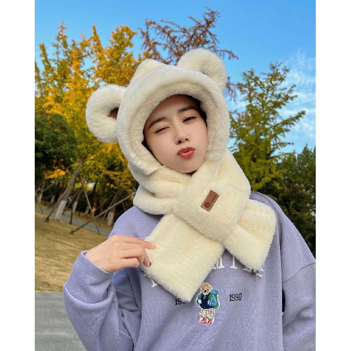 Winter Plüsch niedliche Bärenohren Schal Mütze und Masken-Kombination für Damen, dreiteiliges Set für Radfahren, Kälteschutz und Wärme