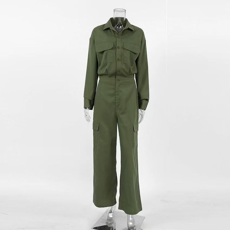 

Western Style Autumn and Winter Fashion New Solid Cargo Wind Long sleeve Jumpsuit Jumpsuit Fashion Jumpsuit Green M