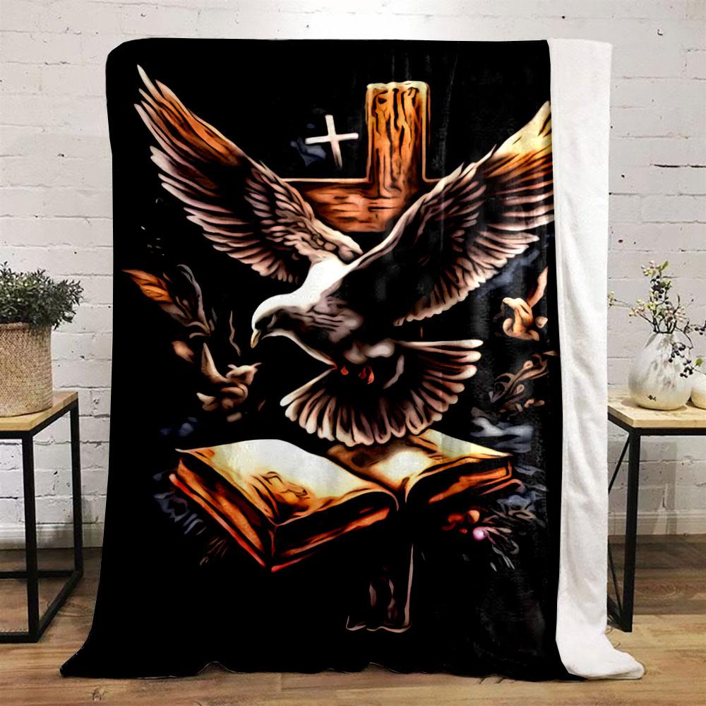 A Dove, an Open Book, and a Wooden Cross with a Glowing Background. for All Seasons Blanket Lunch Break Throw Gift