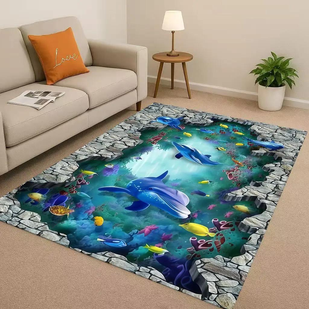 3D Illusion Underwater World Breaking Wall Living Room Non-Slip Area Rug Carpet for Bedroom Playroom Sofa,Home Decor Doormat