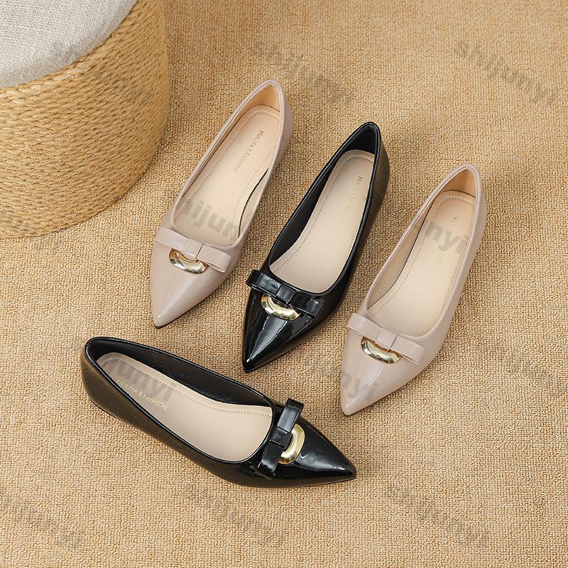 Fashion Women's Leather Shoes  Autumn Point Toe Metal Decoration Bow Knot Casual Shoes Lightweight Comfortable Soft Sole Mary Jane Shoes