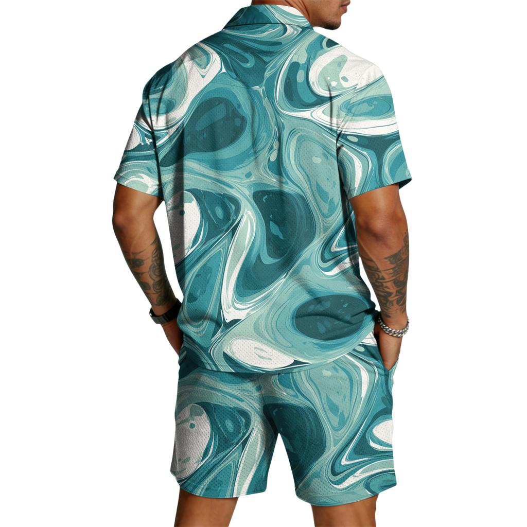 Men Casual Short Sleeve Button Down Shirt Lightweight Breathable Fabric Drawstring Waist Shorts Set Summer Outfit