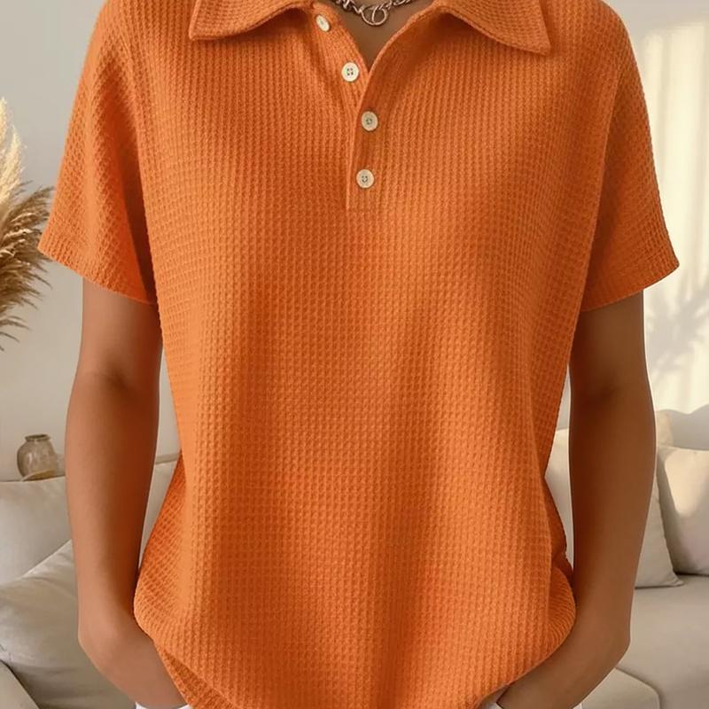 Women's Polo Collar Waffle Knit Long Sleeve Top Loose Fit Casual Pullover