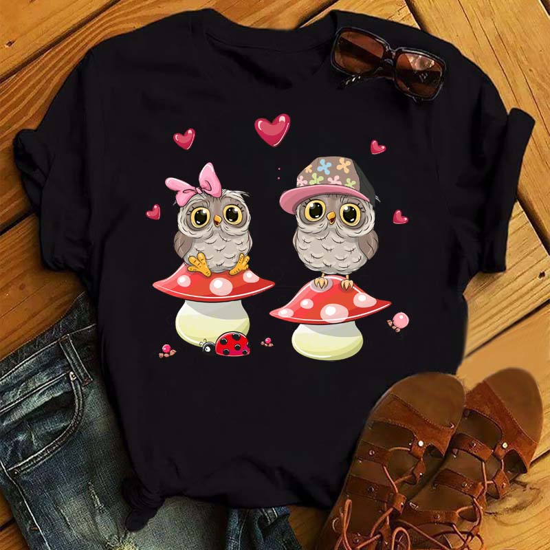 Cute Cartoon Owl Print Graphic T-shirt Women's Casual Short-sleeved O-neck Harajuku Top