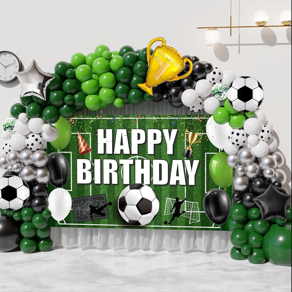 Soccer Party Decorations, 158PCS Soccer Birthday Balloon Garland Arch Kit with Large Happy Birthday Backdrop Banner for Soccer Birthday Party