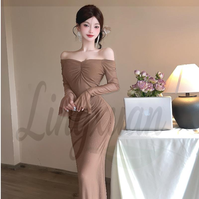 

Elegant One-Shoulder Rhinestone Mesh Waist-Cinching V-Neck Evening Gown Large кавовий