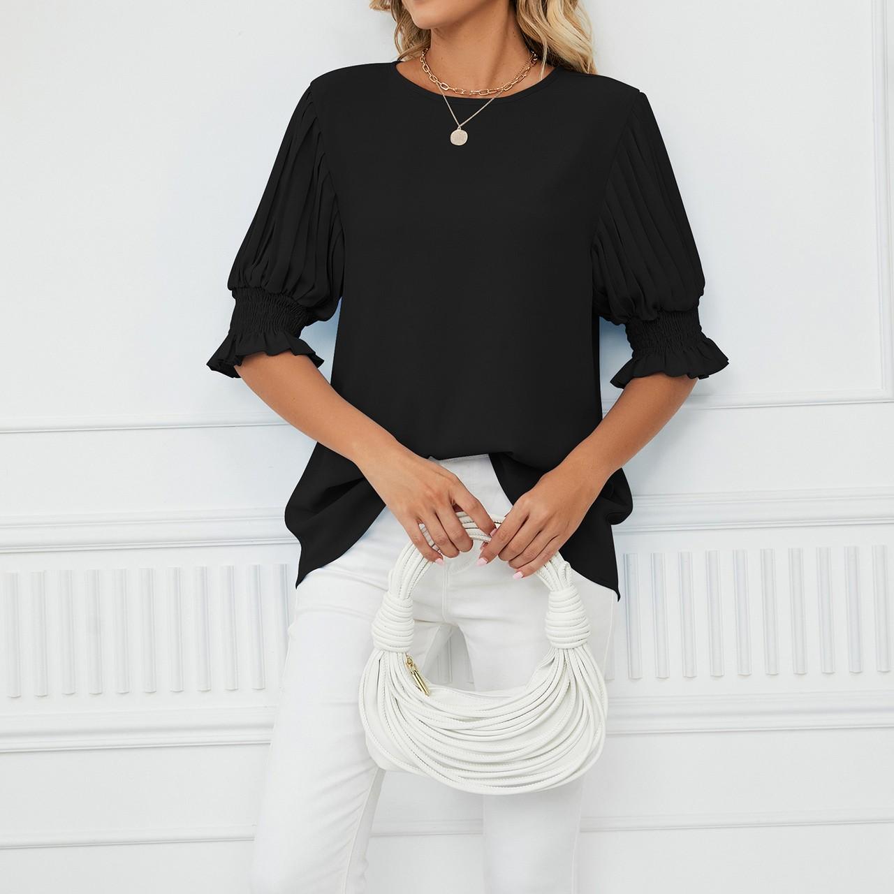 Женский модный однотонный свободный шифоновый топ с круглым вырезом и рюшами и рукавами — фото 4
