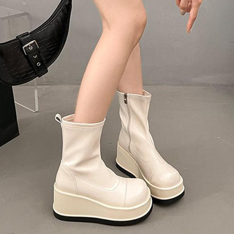 Fashion Women's Platform Ankle Boots Round Head Female Autumn Gothic High Heels Women's Short Boots Wedges Side Zipper Botines De Mujer