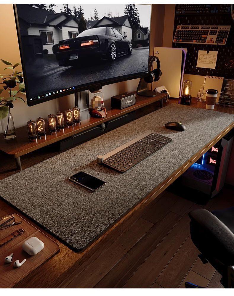 Pad de birou cu textură de bumbac și in și piele - Covoraș de masă pentru scris și mouse pentru birouri și mese de calculator