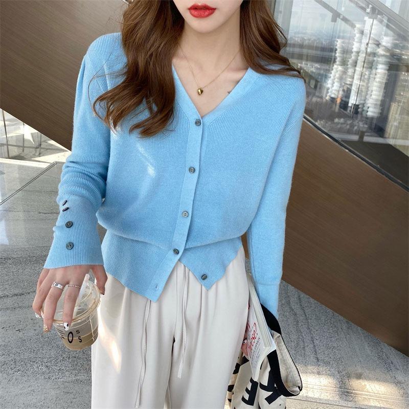 

Весенние и осенние тонкие трикотажные кардиганы с V-образным вырезом, женские куртки с длинным рукавом, однотонные кардиганы, свитера для женщин, свободные, тонкие, повседневные, женские трикотажные топы 25861 One Size синий