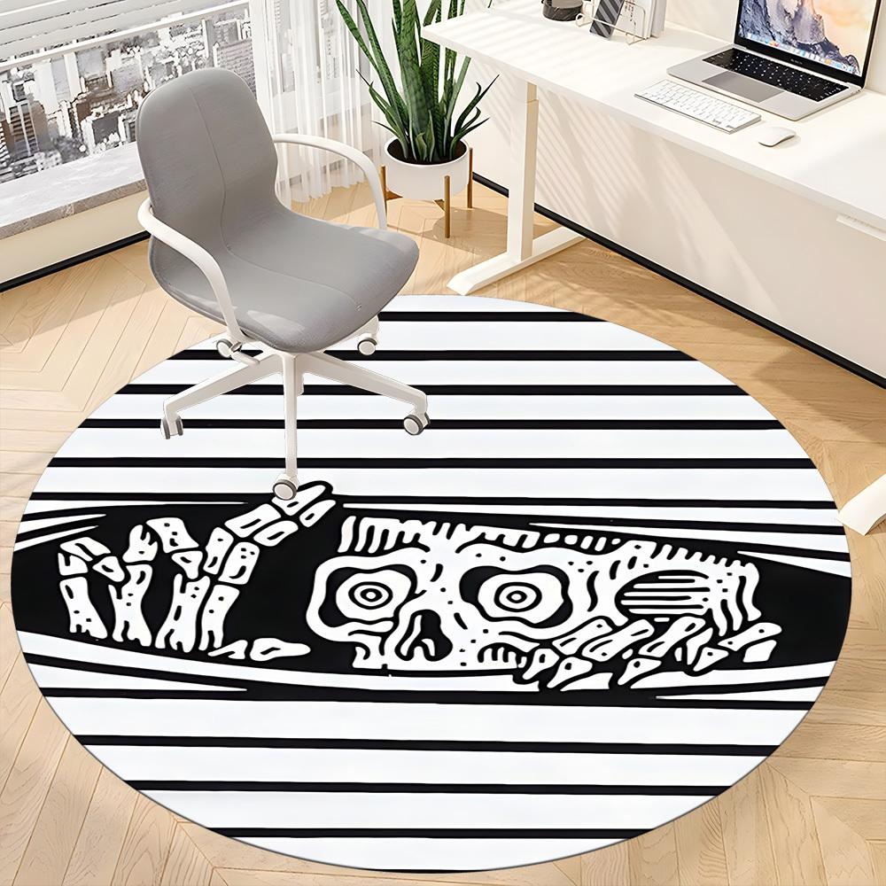 1pc Skull Stripes Office Round Area Rug,  Mat Suitable For Office, Under Office Chairs Bedroom Living Room Home Decor, Room Deco