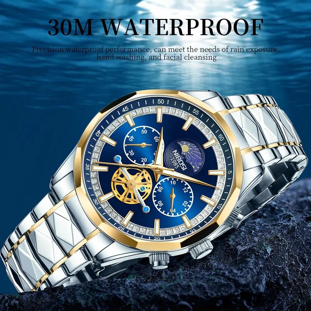 

NIBOSI Star Moon Phase Watches Men Top Brand Luxury Automatic Watch for Men Luminous Waterproof Stainless Steel Quartz Clock серебряный/зелёный