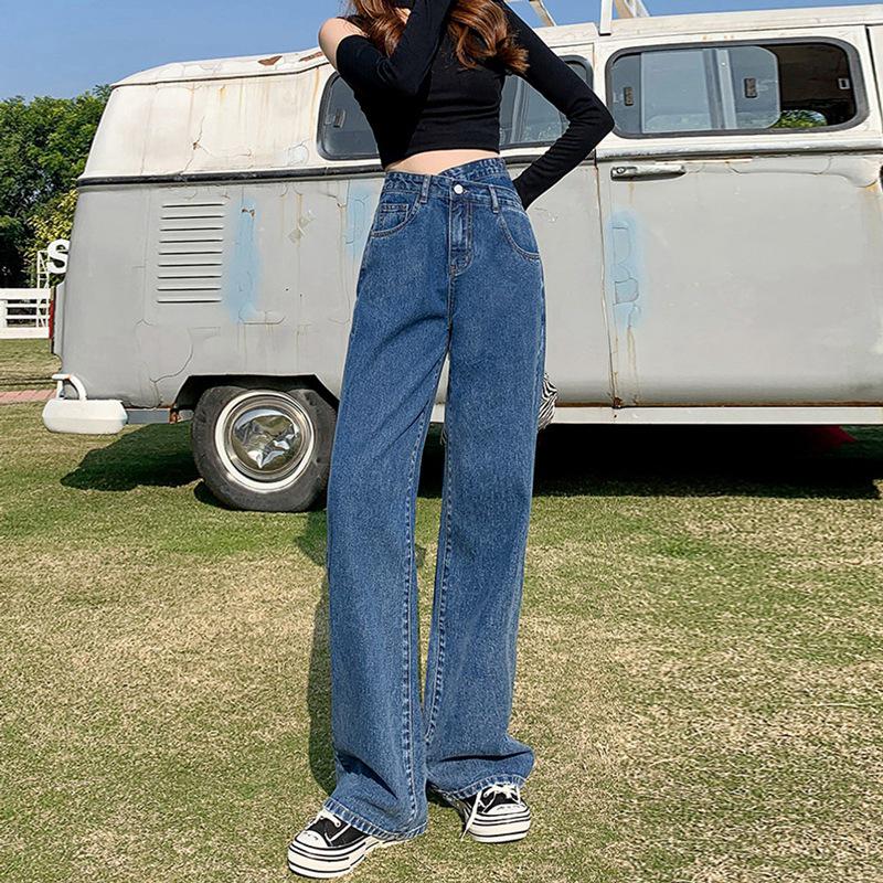 

Сине-серые джинсы с высокой талией: Женские обтягивающие брюки широкого кроя с косой пряжкой для осени и зимы. XL