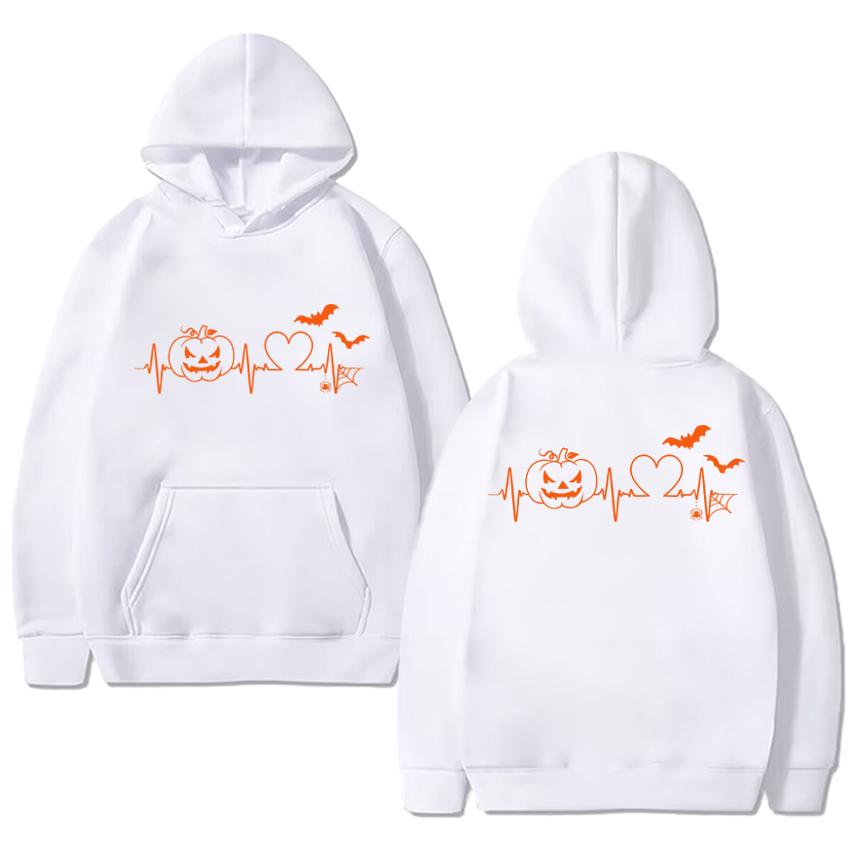 Hot Sale New Halloween Pumpkin Heartbeat Double Sided Print Hoodie Unisex Vintage Hip Hop Streetwear Men Women Fleece Pullovers