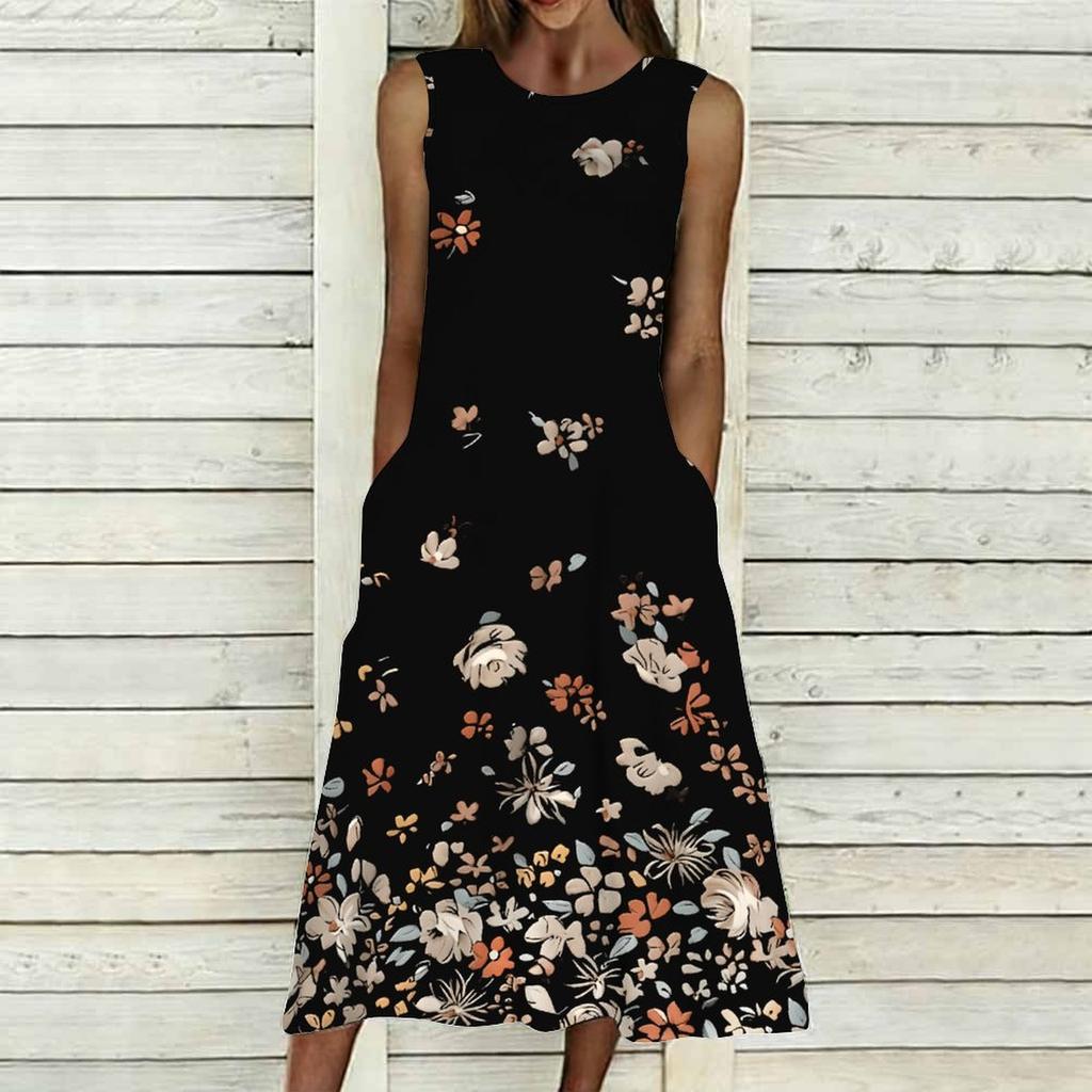 Plus Size Women Sleeveless Round Neck Dress Fresh Tiny Ditsy Floral Flowy Mid Length Gown