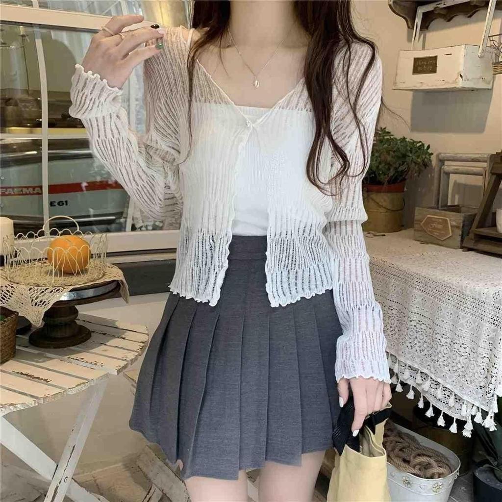 Summer Thin Sun Protection Coat Short Knit Cardigan Hollow Out V-neck Long Sleeve Shawl Top Air Conditioning Cover Up