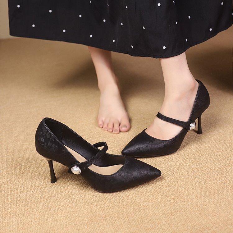 New Chinese style light mouth stiletto shoes 2024 summer new high-end satin retro pointed one-word belt women's shoes