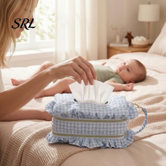Portable Baby Wipe Dispenser Quilted Diaper Wipes Bag with Hanging Strap, Dual Compartment Zipper Plaid Ruffle Storage Pouch Bag, Large Capacity