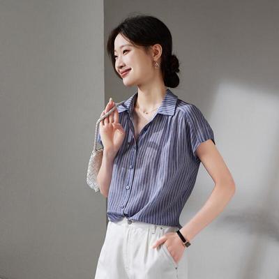 SOFSIL Women's Striped Mulberry Silk Short Sleeve Shirt