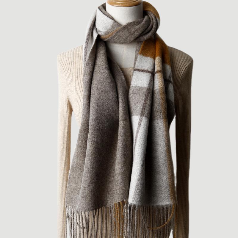 

Women s Double-Sided Plaid & Solid Wool Scarf with Tassels - Thick & Warm for Autumn/Winter