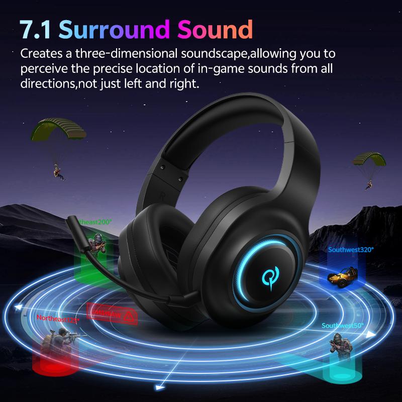 QCY Heroad V200 Wireless Gaming Headset Detach Mic RGB Over Ear Headphone Tri-Mode 7.1 Surround Sound for PC/PS4/5 Headset Gamer