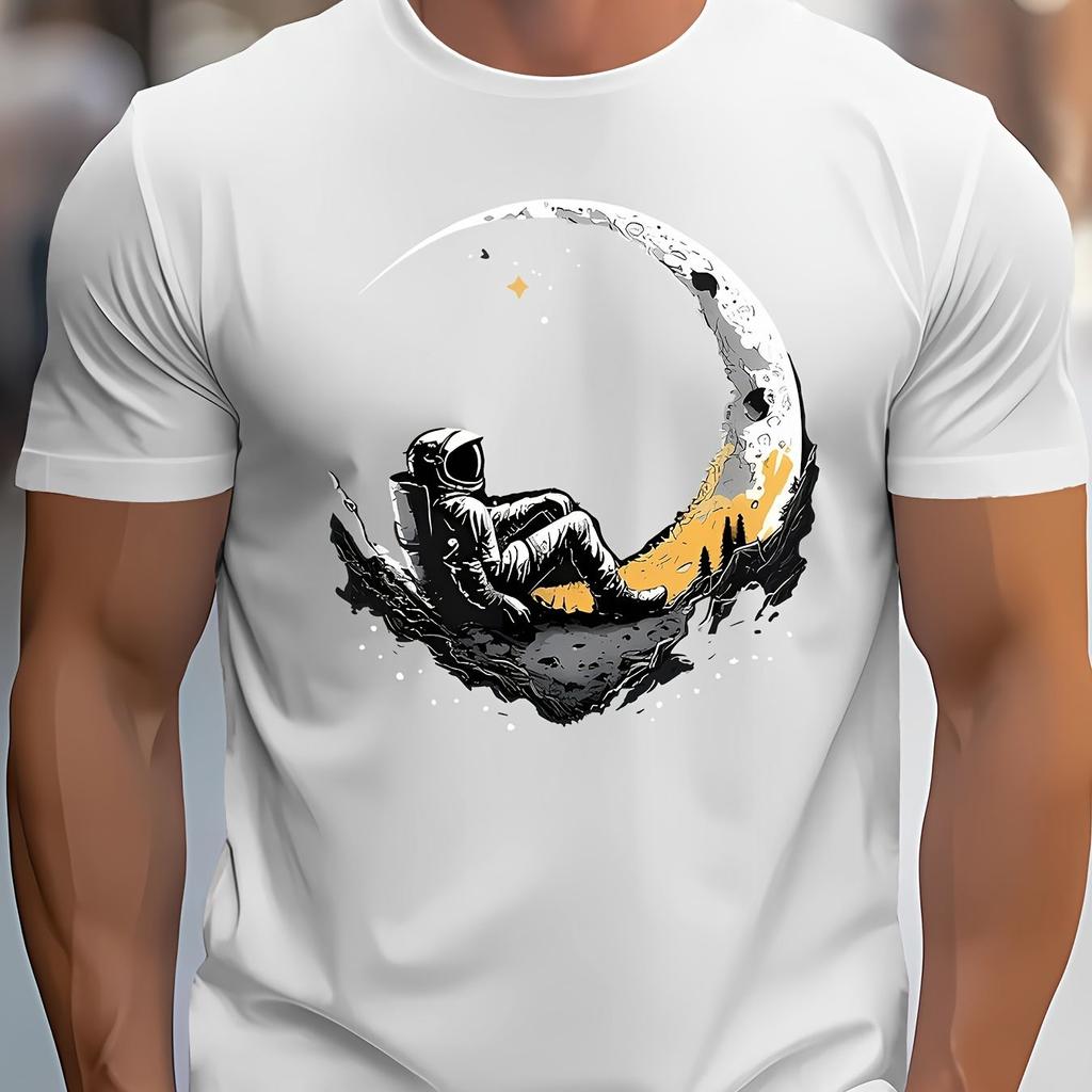 Men's summer 100 cotton fashionable casual loose plus size landing moon pattern printed sports round neck short sleeved T-shirt