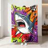 Graffiti Shark Streetwear Printed Flannel Blanket Trendy Cool Hip Hop Style Soft Warm Throw Blanket