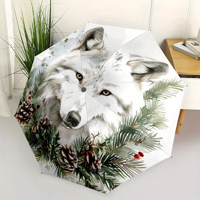 1 Stück Winterwolf-Kranz Automatischer Öffnungs-/Schließschirm,Kompakter Schirm für Männer & Frauen Tagesgeschenk.A091