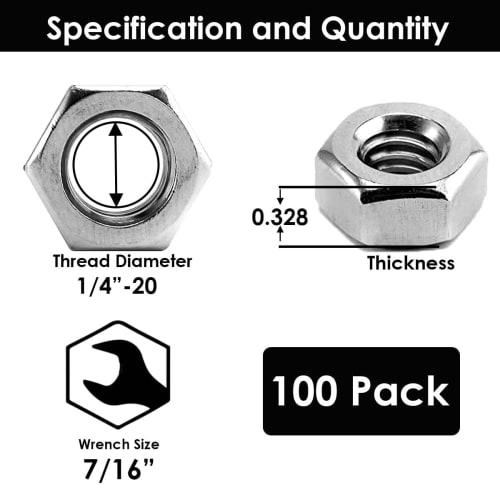 1/4"-20 Nylon Insert Lock Nuts (100 Pieces) Stainless Steel Finish Hex Lock Nuts, 304 (18-8) Stainless Steel Plain Finish, Corrosion-Resistant Commerc