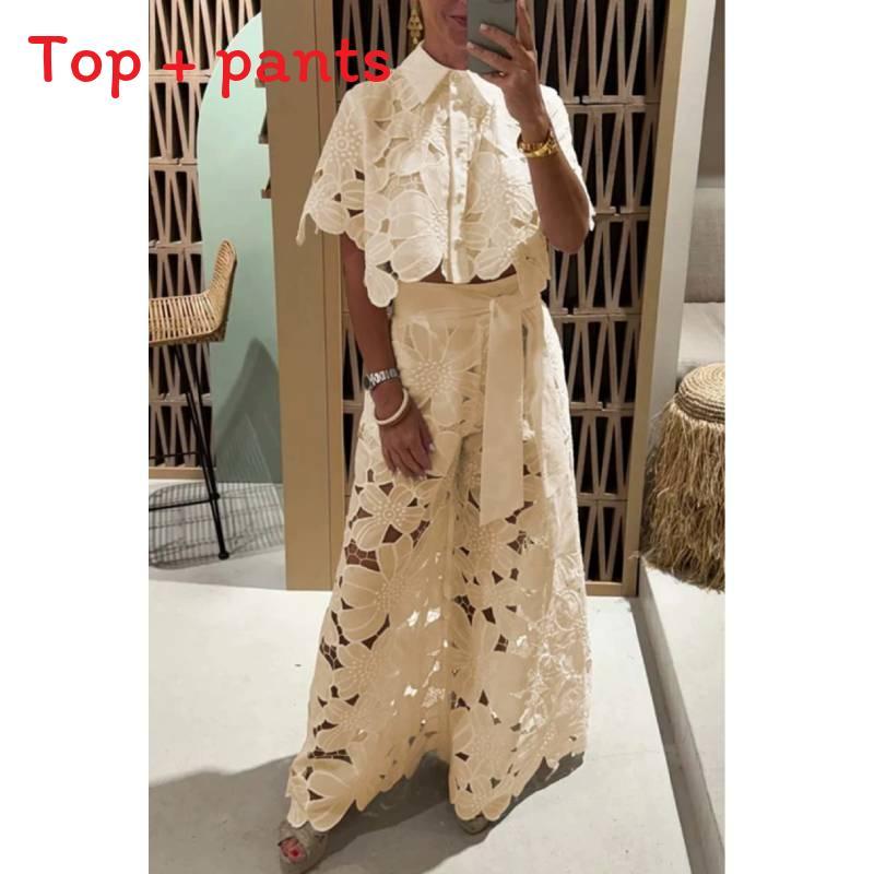 Summer Womens Casual Set With Hollow Out Overlay And Long Pants For Beach And Leisure