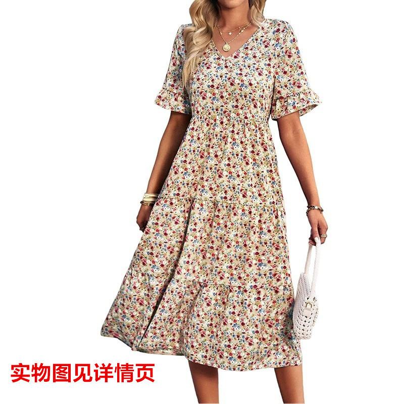 Women Floral Print V Neck Short Sleeve Dress Casual Boho Style Side Tie High Low Hem Sundress