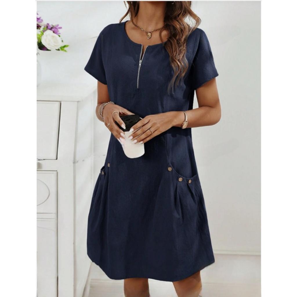 Ladies' Summer Casual Dress with Zipper Half Placket, Button Decoration, and Double Pocket Loose Fit, Cute Summer Jumpsuit