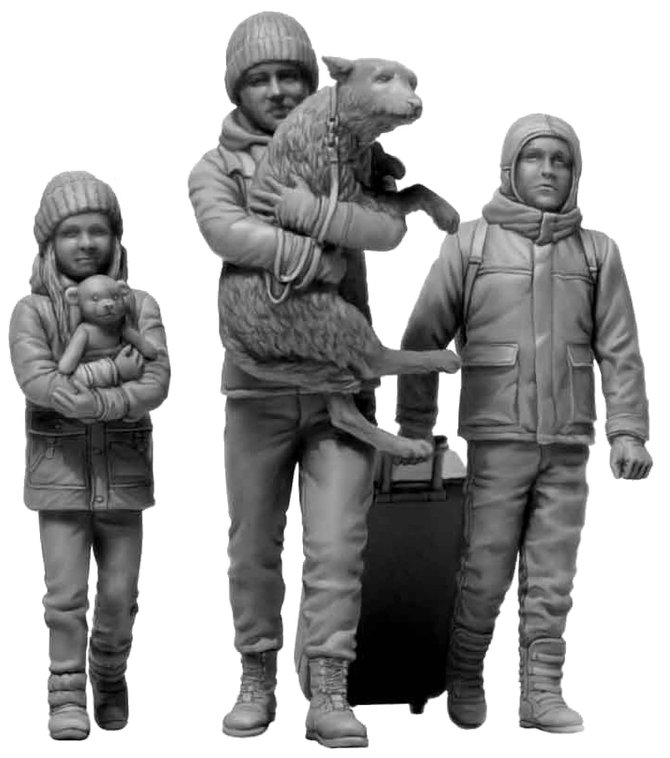 

Master Box 1/35 Scale Russia-Ukraine Series 5: Three Ukrainian Refugees and One Dog, March 2022 Plastic Model Kit, MB35228