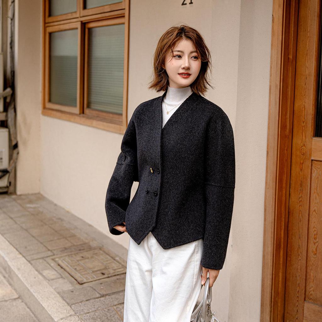 Neuer Petite Damen Kaschmir-Doppelmantel - Koreanischer Stil, Wollmischung, Weite Fledermausärmel, Kurzes Herbst-/Winterdesign