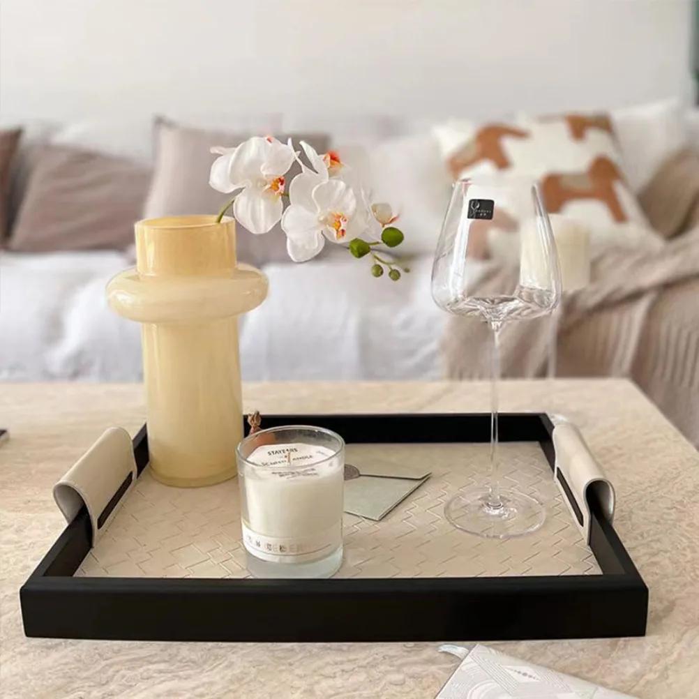 Plateau en Bois Massif Motif Tissé Plateaux d'Aromathérapie Plateau Décoratif Maison Rétro Salon Plateau en Cuir Fait Main Ornement