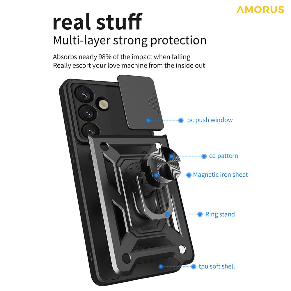 AMORUS For Samsung Galaxy S25+ Case Kickstand PC+TPU Phone Cover with Camera Lens Slider
