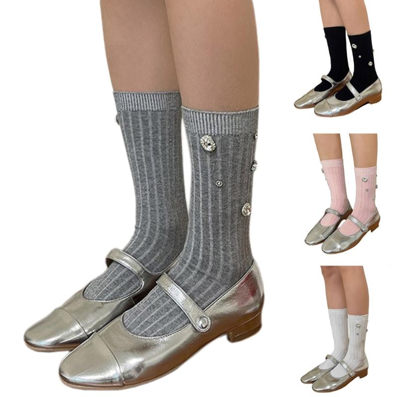 Womens Ribbed Crew Socks, Thin Comfort Breathable Rhinestone Socks, Above Ankle Crew Socks for Womens Schoold Girl