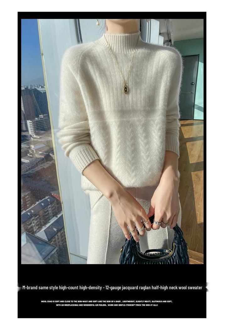Women's Korean Style Wool Cable Knit Sweater - Thick Half-High Neck Base Layer for Autumn/Winter 2025