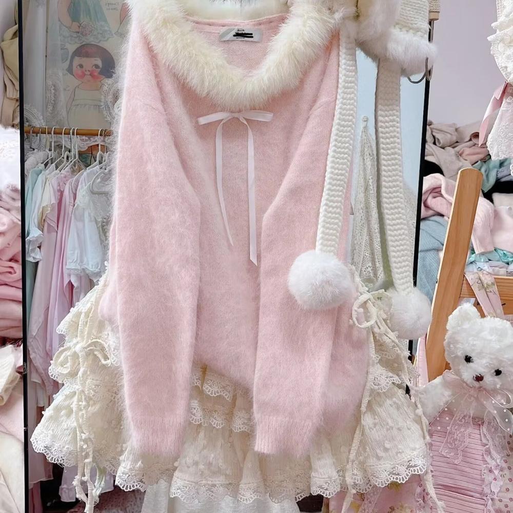 

Женский розовый мохеровый свитер с V-образным вырезом и мягким меховым воротником - Коллекция Осень/Зима S (for 70-90 jin) розовый