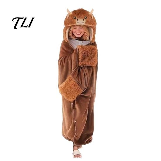Morbido Plaid Abbracciabile Halloween Felpa Indossabile, Accogliente Mantello Mucca delle Highlands con Cappuccio, Caldo Accappatoio per Casa Bradipo Gatto Nero Mantello Loungewear Donna