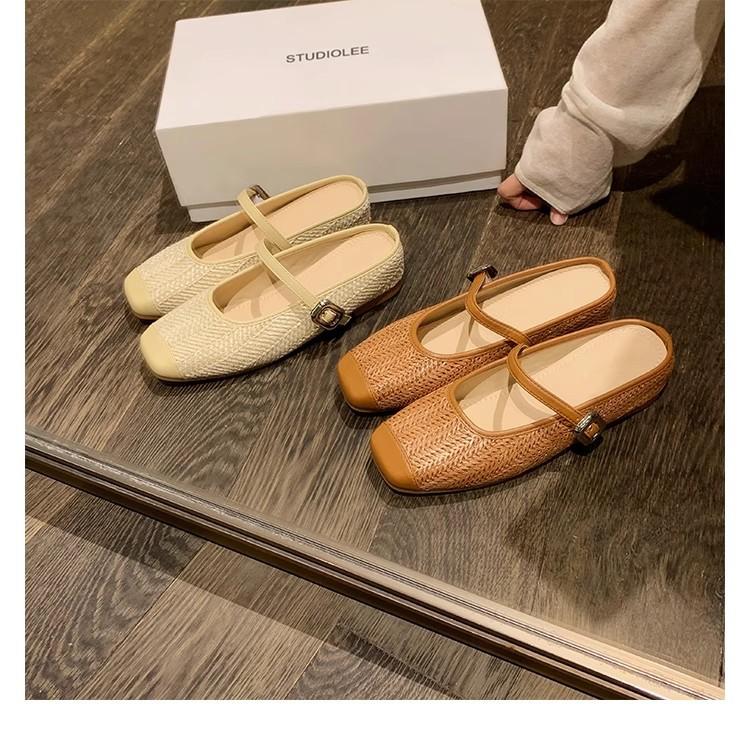 Grape mother of the same style, with an inner height increase of 5cm~ Holiday style straw woven square head cool slippers lazy half drag women's s