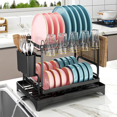 2tier Multipurpose Dish Drying Rack for Kitchen Countertop with Cups Rack Utensil Holder Cutting Board Space-Saving Black White