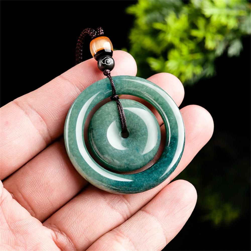 Natural Green Jadeite Carved Double Round Buckle Lucky Pendant Amulet Necklace Luxury Jade Vintage Trendy Jewelry