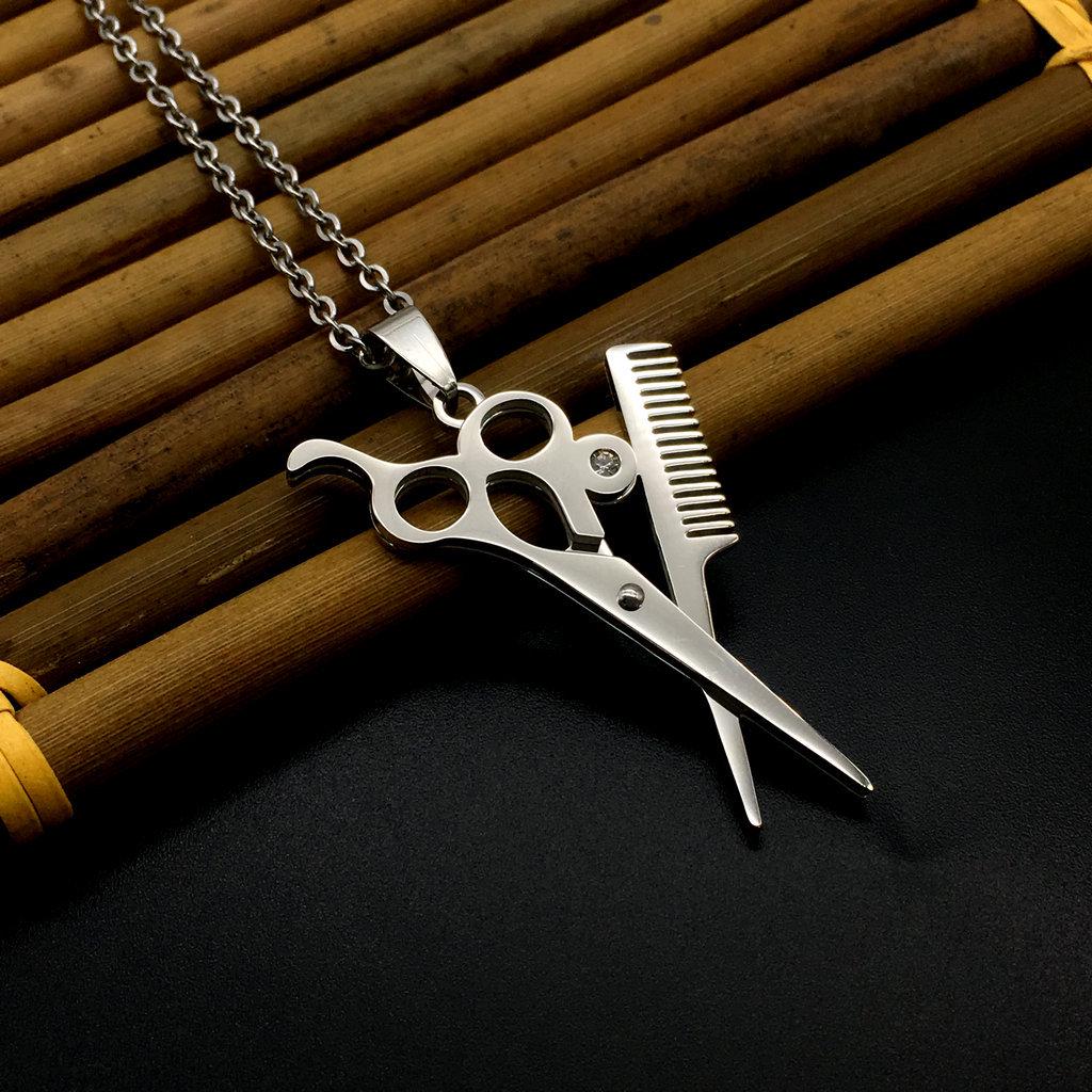 Stainless Steel Hairdresser Scissors Comb Necklace Pendant - DG-022