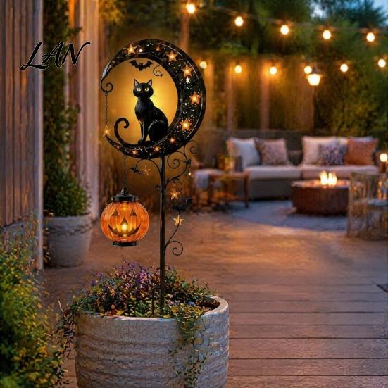 Dekorative Herbstblumenbeetleuchten Halloween Solar-Gartensteckerleuchte, Metall Schwarzkatze & Kürbis Mond Wasserdicht Strombetrieben Dekorationen für Rasen