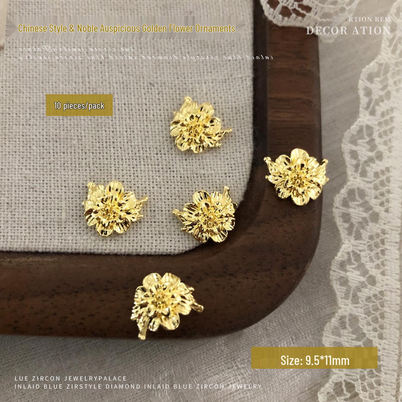 Luxurious Golden Flower & Jade Leaf Nail Art Decorations - Chinese Style Alloy & Diamond Accessories