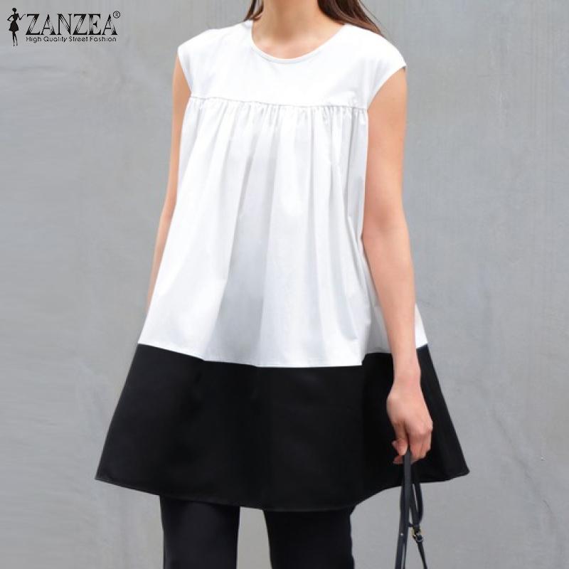 

ZANZEA Женские летние лоскутные повседневные топы без рукавов с круглым вырезом