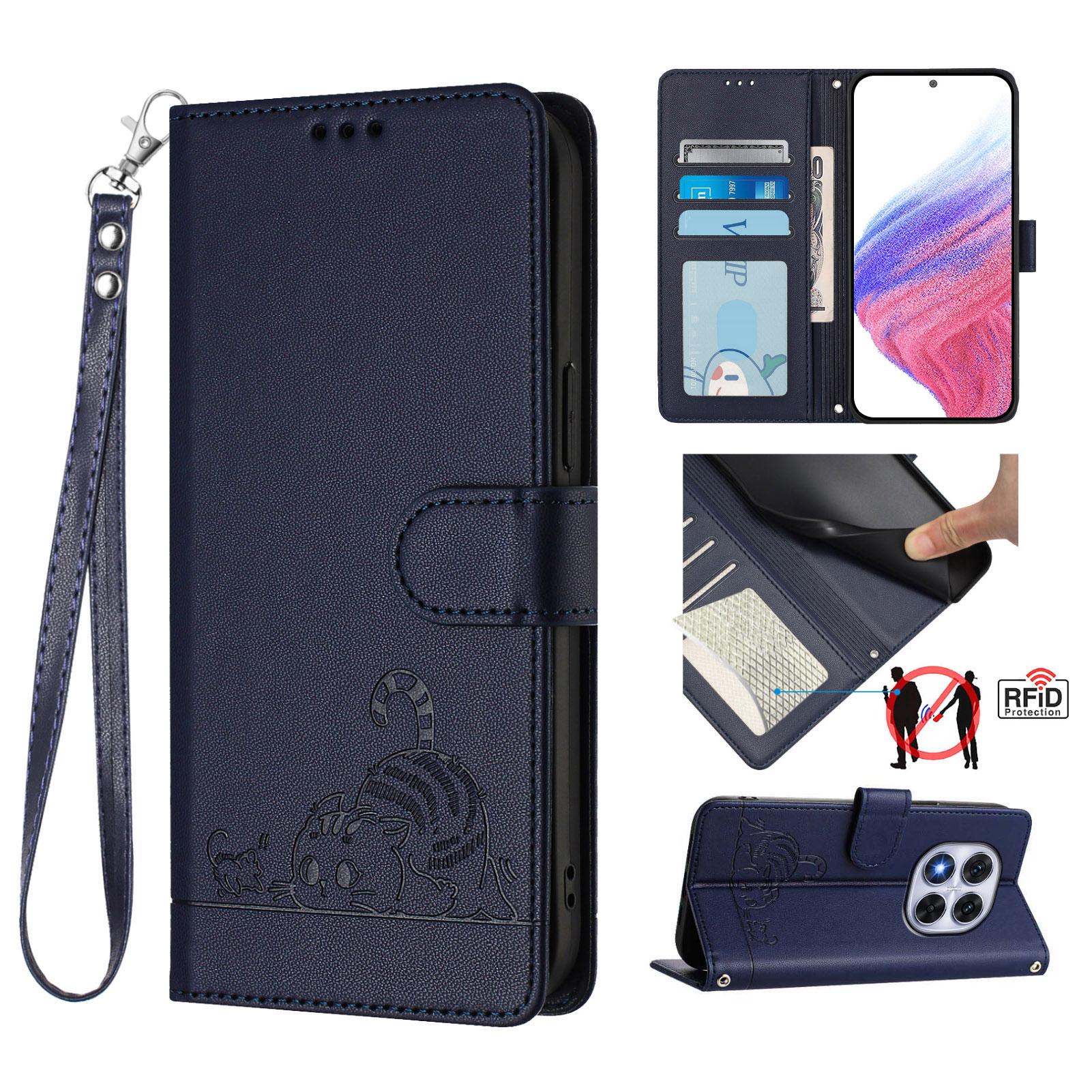 

For Xiaomi Redmi Note 14 Pro+ 5G/14 Pro 5G/Poco X7 5G Case with Strap RFID Blocking Leather Wallet Phone Cover Cat Mouse Pattern Sapphire