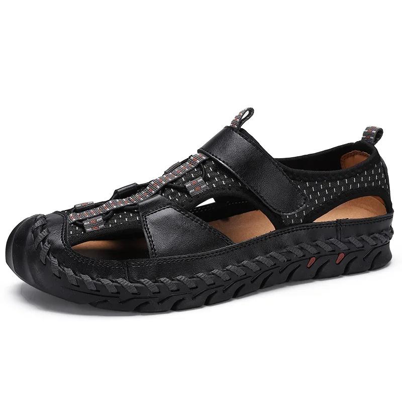 

Summer New Beach Sandals One Step Anti-Slip Top Layer Cow Leather Breathable Net Face Men s Sandals Rubber Sole China Origin 46 чёрный