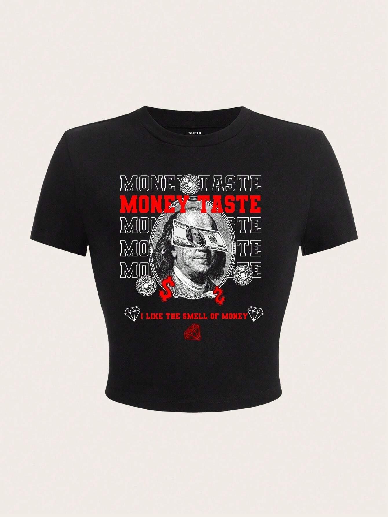 

100% Cotton Women Crop T-shirts Money Taste Letter Printed Tee Shirts O-Neck Tight Short Sleeves Clothes Fashion Female Tops S